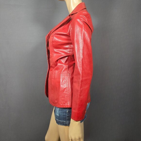 Vintage 90s Red Leather Jacket Blazer Dagger Collar Fitted Womens Size XS - Picture 5 of 9